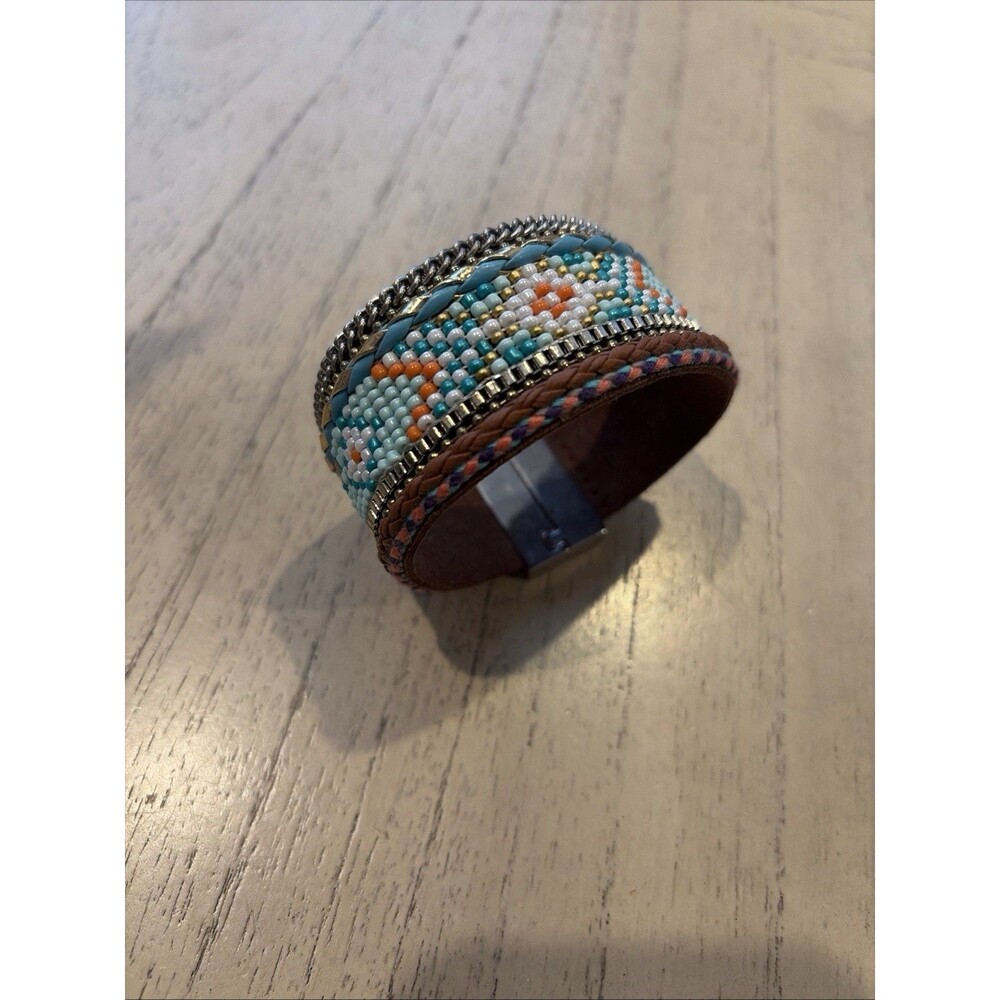 Wide Leather Beaded Southwest Design 8" Bracelet W/Magnetic Clasp Unisex
